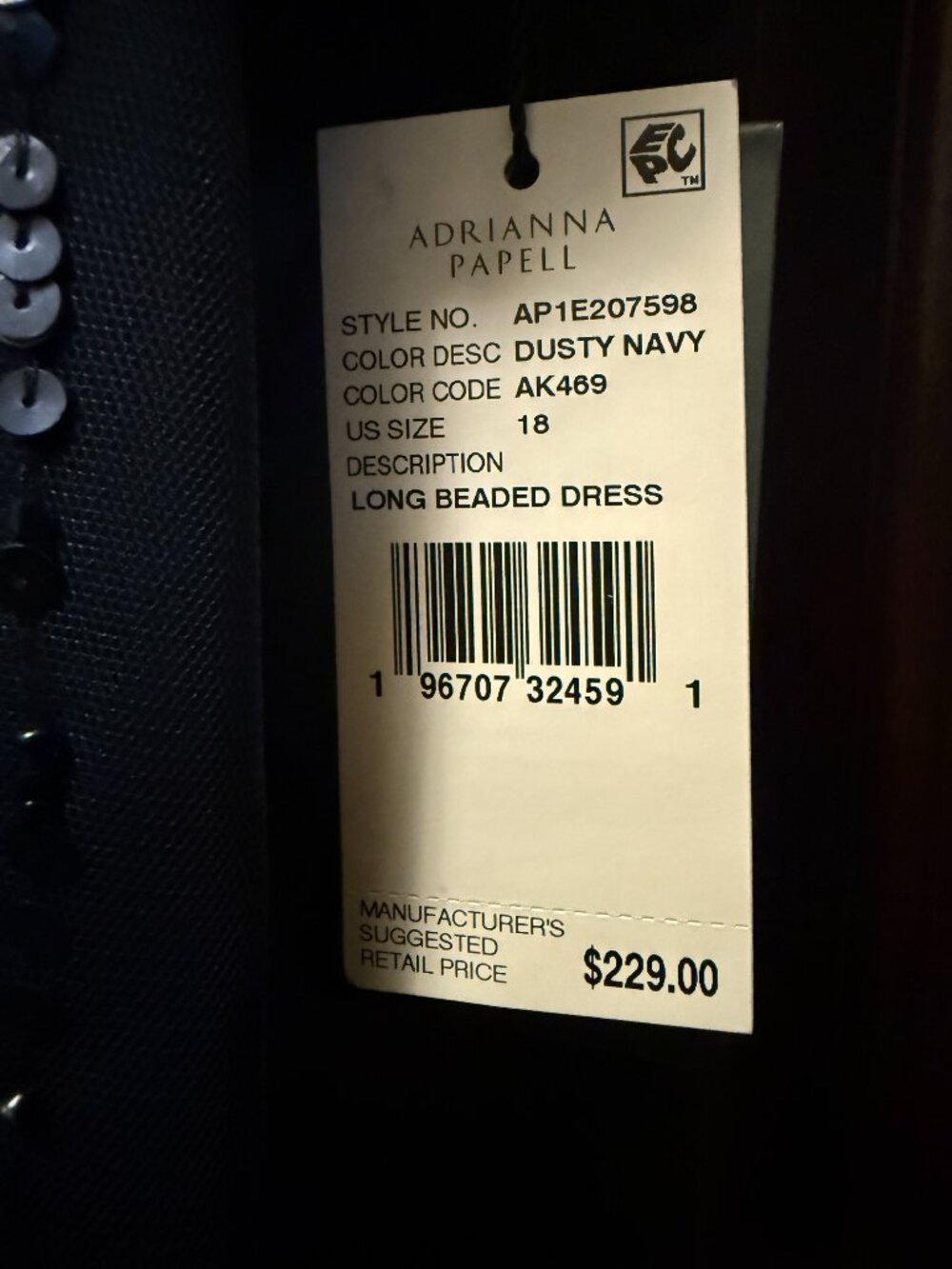 Adrianna Papell Women's Long Beaded One Shoulder Dress, size 18, Navy - Picture 4 of 4